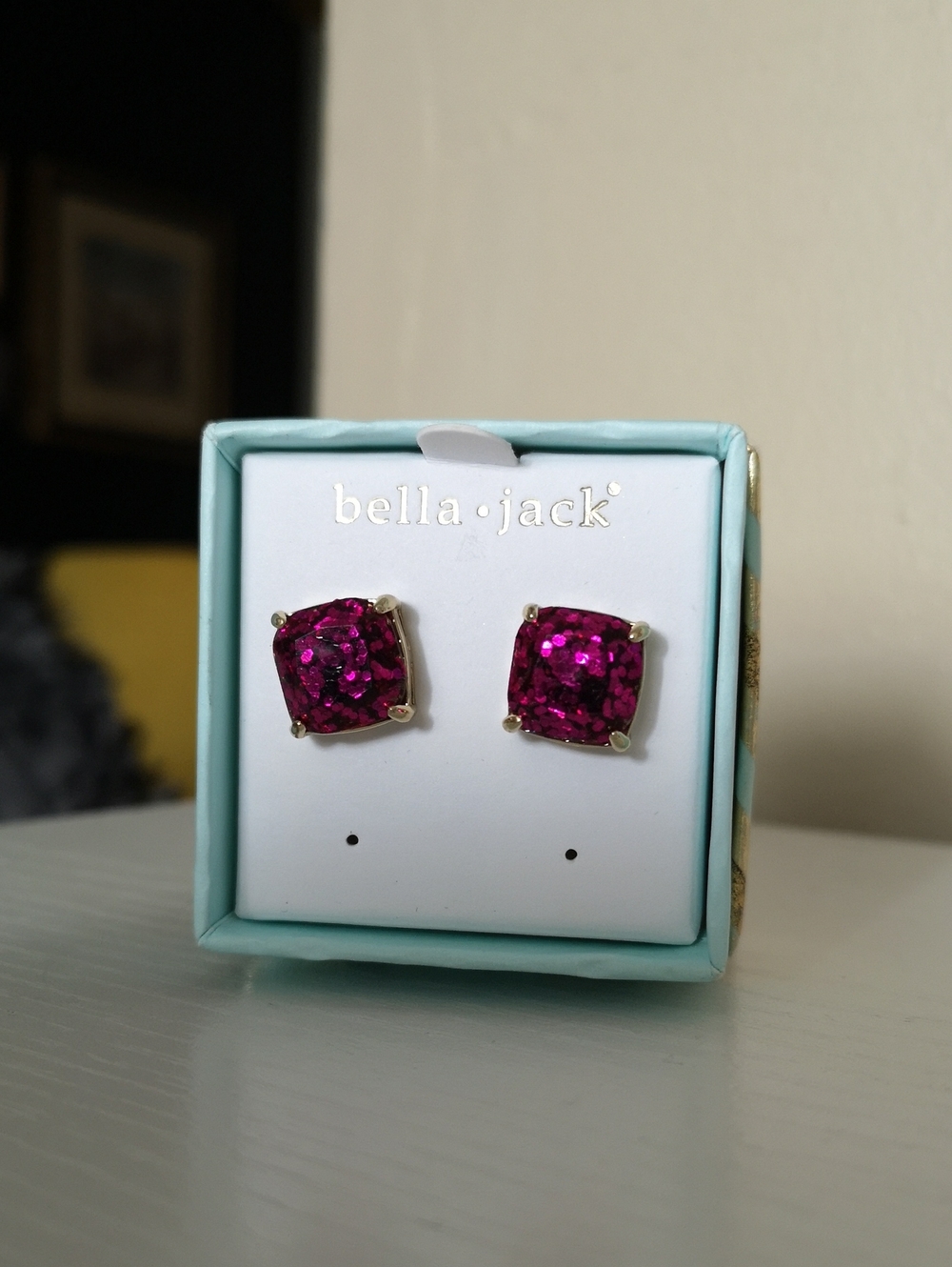 Lovely New in Box Pink Sparkle and Gold-tone Square Earrings by Bella Jack